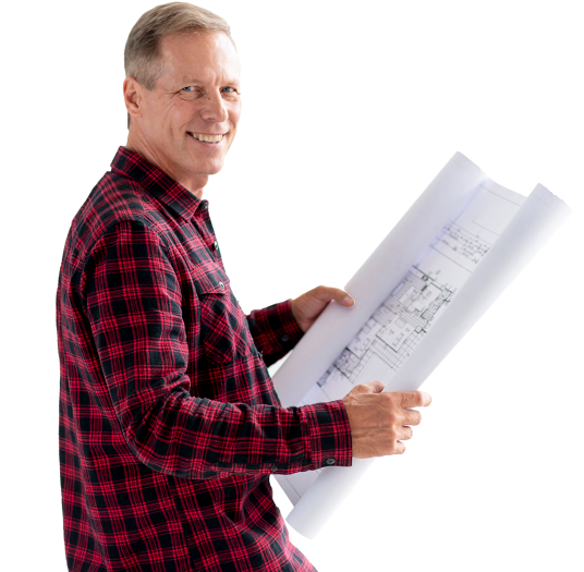 Man holding a blueprint, smiling